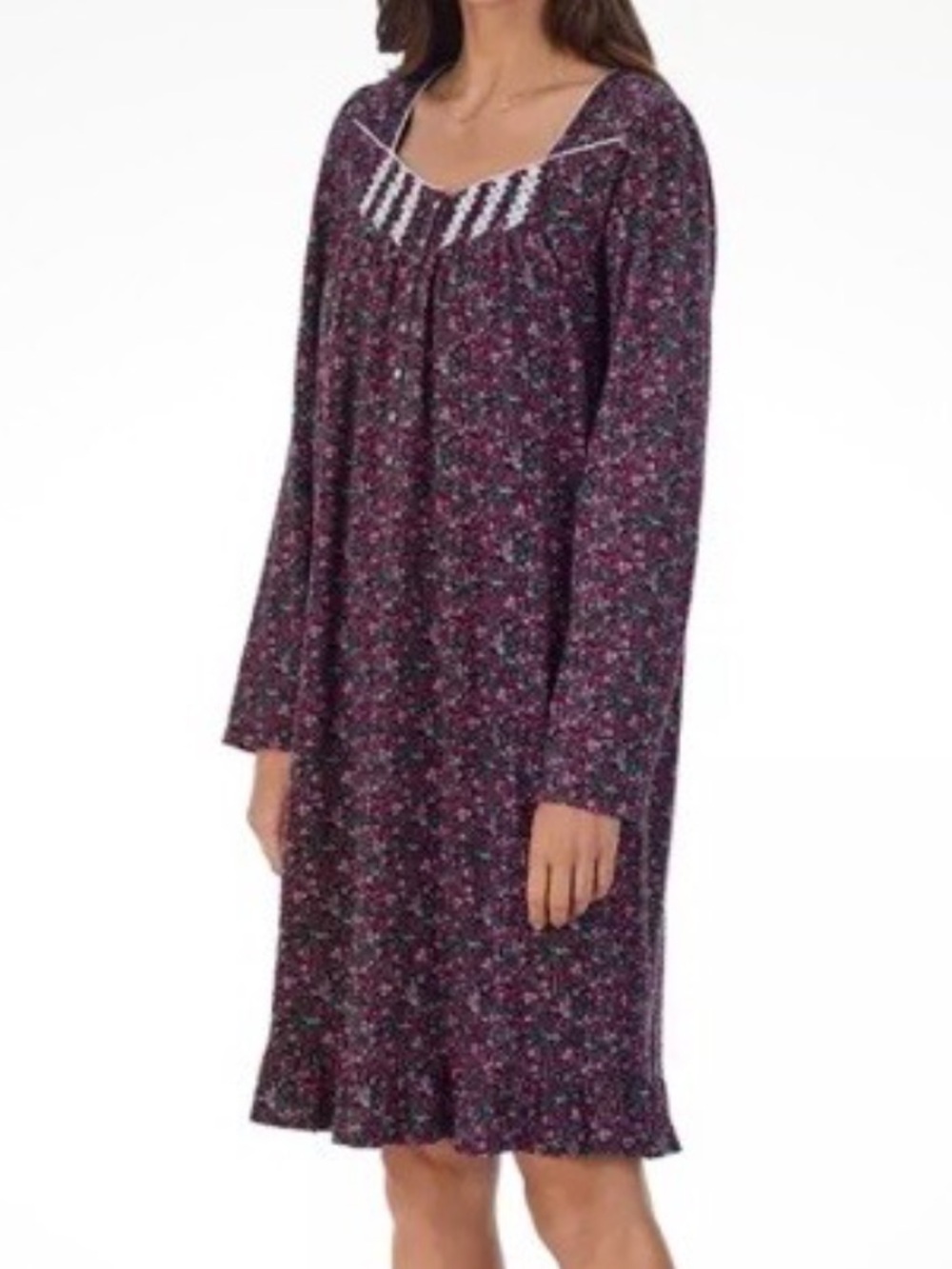 Eileen West Plum Floral Long Sleeve Nightdress flannel with Lace Yoke medium